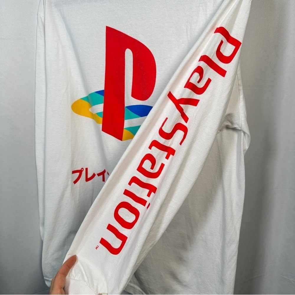 PlayStation Long Sleeve Shirt White Japanese Logo Retro Gamer Streetwear Men's L - Picture 6 of 9